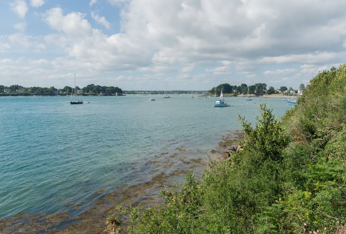 Vue sur le golfe du Morbihan depuis l'Île-aux-Moines avec des voiliers au mouillage